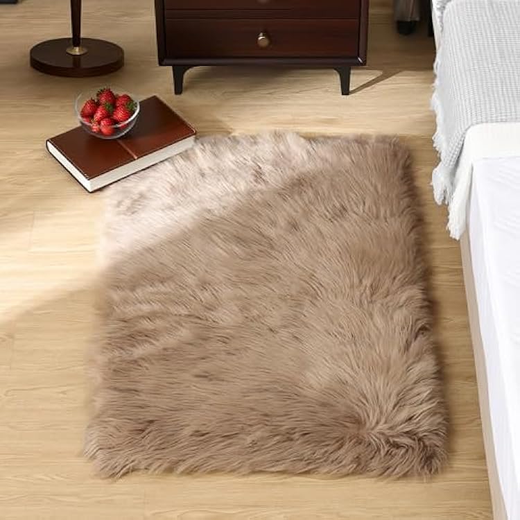 Soft Fluffy Faux Fur Rugs for Bedroom Bedside Rug, Washable, Furry Sheepskin Area Rug for Living Room Girls Room, Luxury Shag Carpet Home Decor, Pink 16X24 Inch