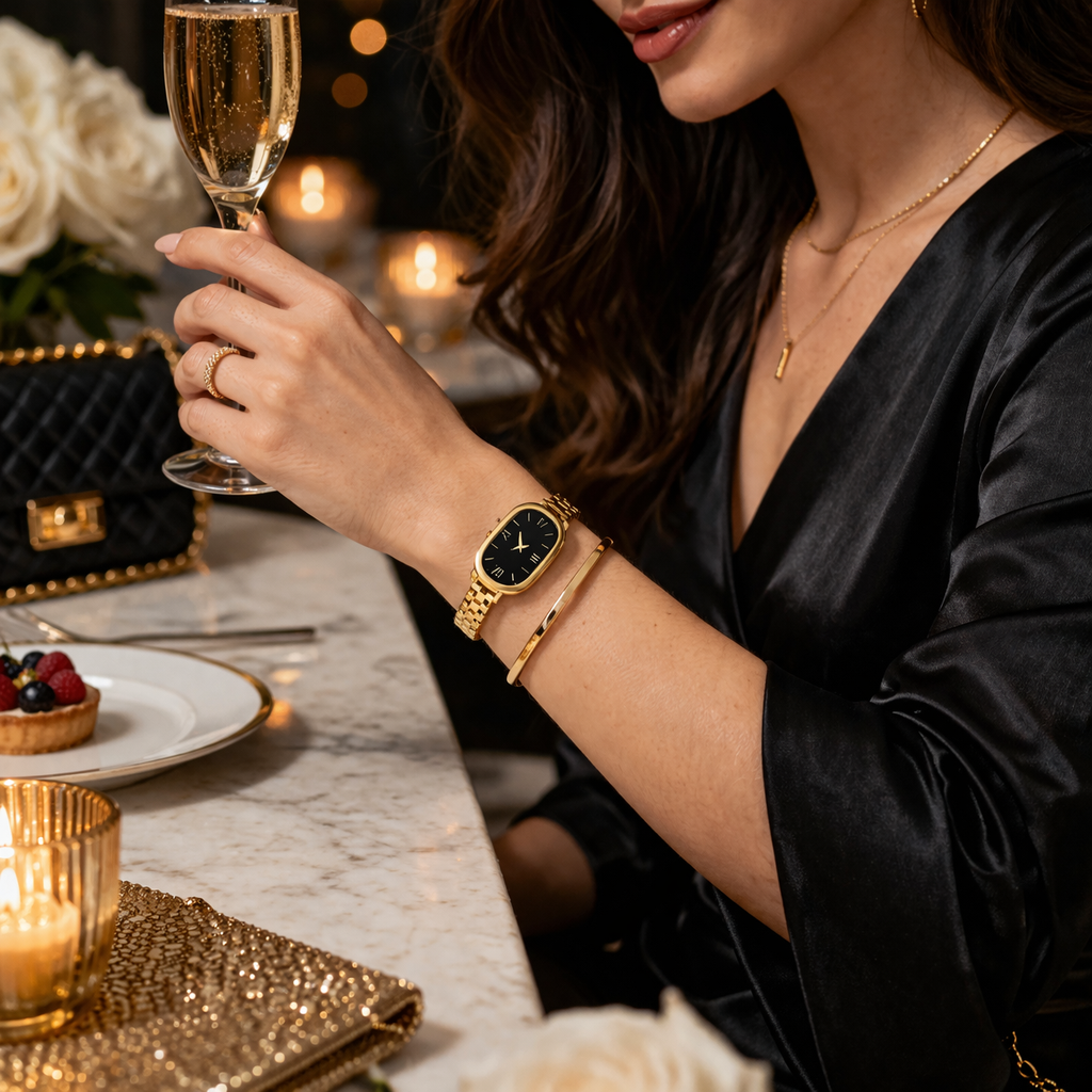 Elegant Gold Watch Bracelet for Women – Minimal Oval Dial, Adjustable Fit