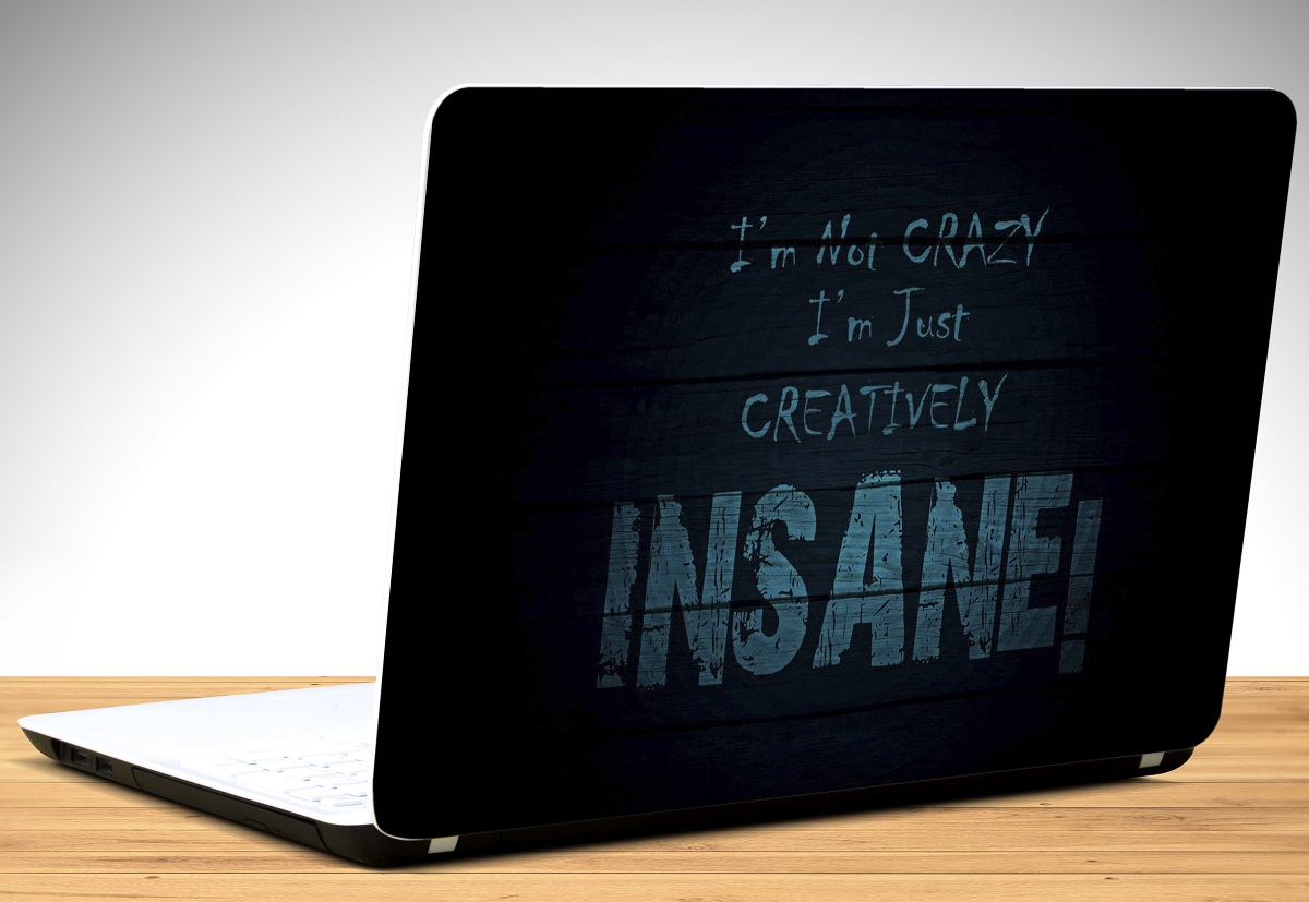 creatively insane text, quote, humor, blue, typography,, Laptop Skin Vinyl  Sticker Decal, 12 13 13.3 14 15 15.4 15.6 inch Laptop Skin Sticker Cover  Art Decal Protector Fits All Laptops