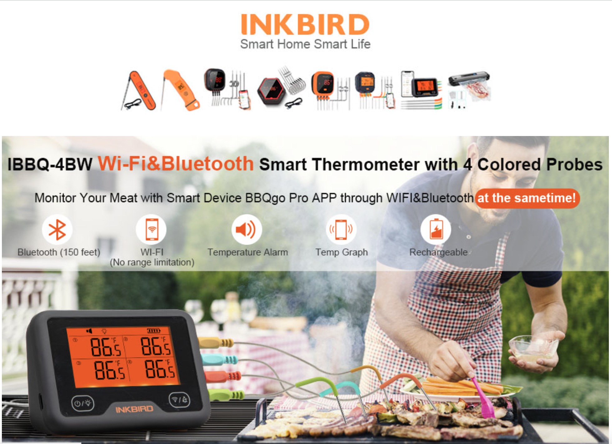 Inkbird Wi-Fi Bluetooth Grill Thermometer IBBQ-4BW, Wireless Meat  Thermometer with 4 Probes, Timer, High/Low Temp Alarm, WiFi Meat Grill  Thermometer for Smoker, Oven, Kitchen, Drum 