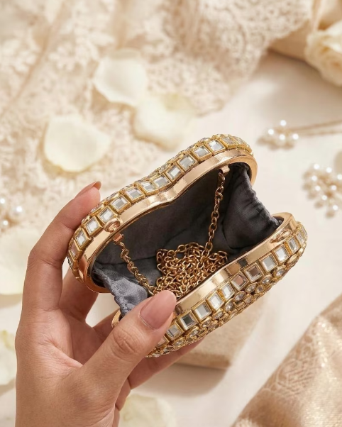 Most Trendy Mini Heart Metallic Kundan clutch  With Long Chain For Women & Girls
