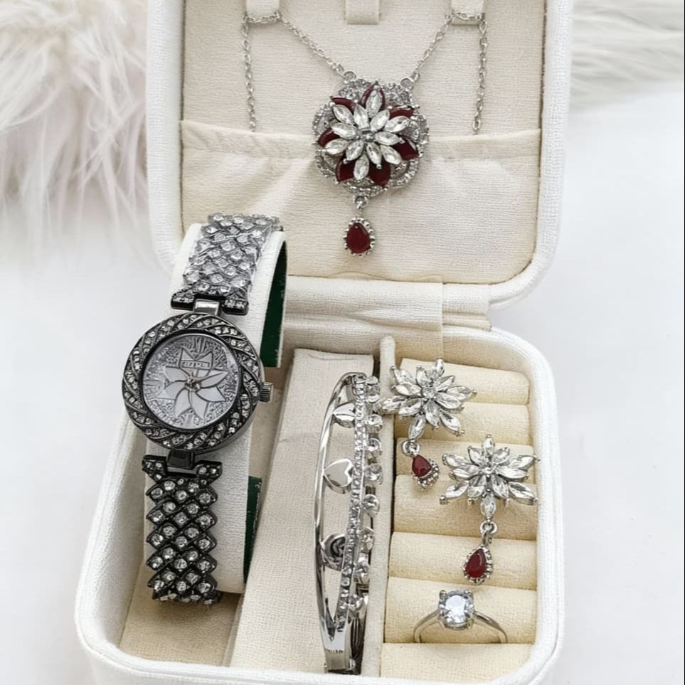 Girls Diamond Stones Jewelry Watch Complete Set | Luxury Quartz Watch with Necklace, Earrings, Ring & Bracelet | 6 Colors | Premium Gift Box