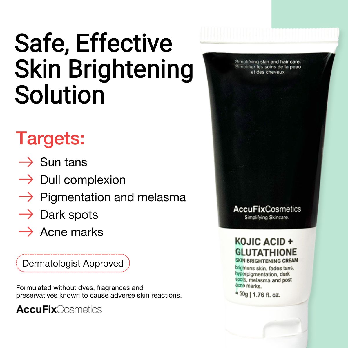 AccuFix Cosmetics Kojic Acid Glutathione Skin Brightening Cream | Avaiable  in 50g & 30g