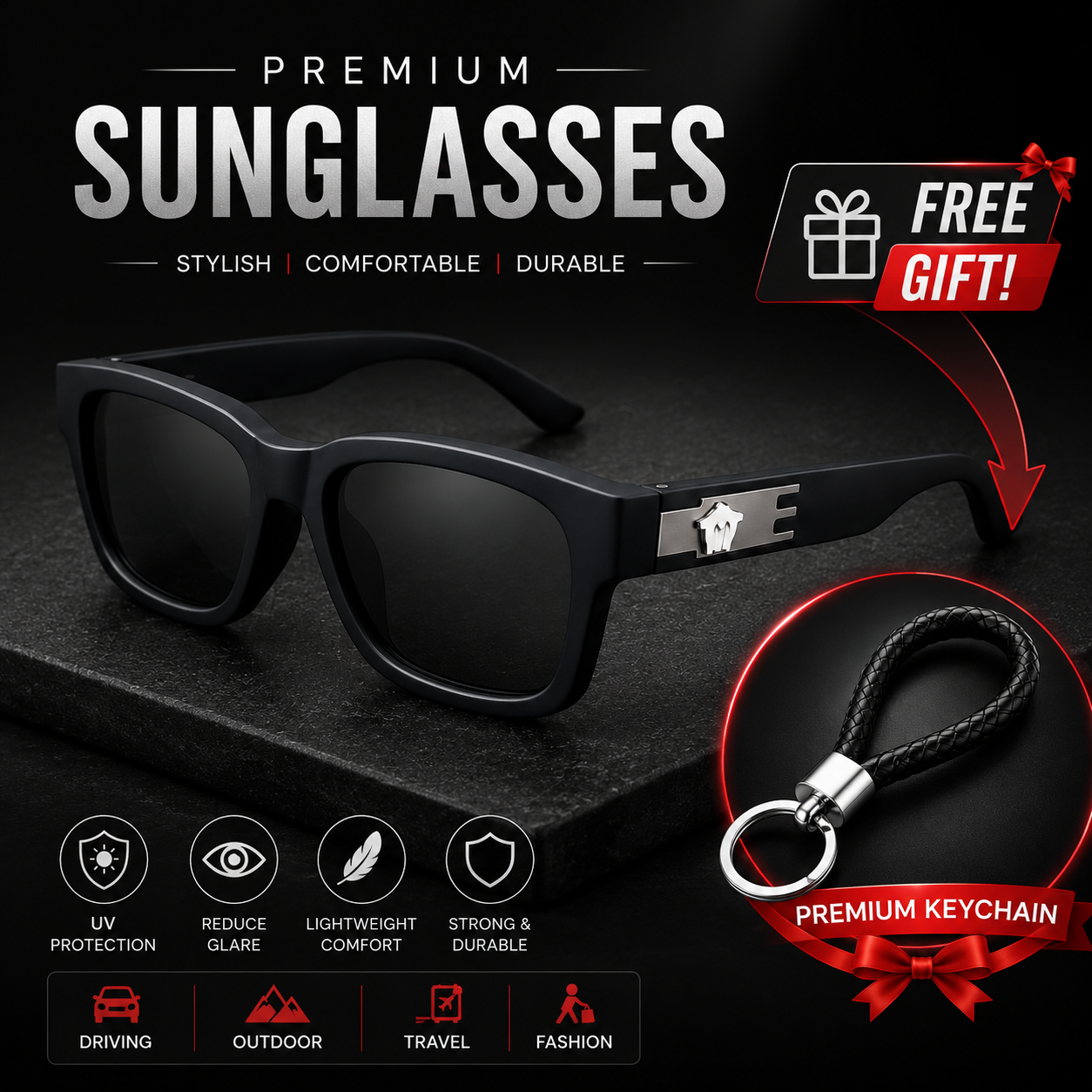 Premium Sunglasses for Men – Stylish Black Fashion Glasses with Dark Tinted Lenses, UV Protection & Lightweight Durable Frame + Free Gift Keychain