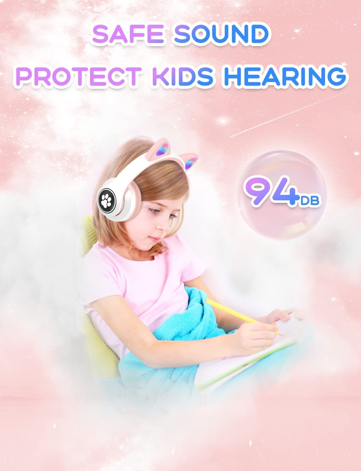 ZAYRAZ Cute Cat Ear Wireless Bluetooth Headphones with LED Lights, Noise Cancelling, Volume Control, New, Compatible with Android - One Size Fits All for Kids & Adults