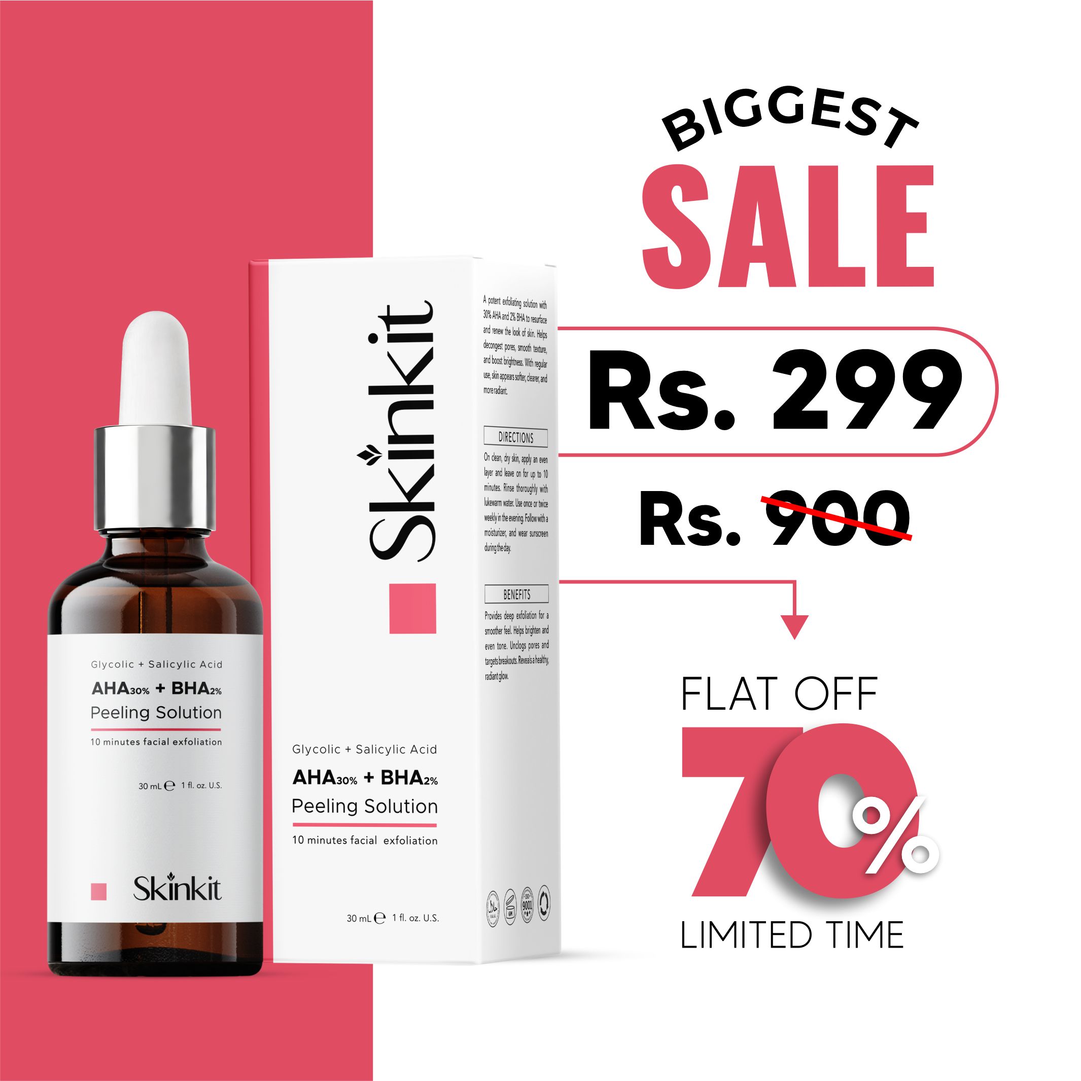 Skinkit AHA 30% BHA 2% Peeling Solution | Professional Exfoliating & Brightening Face Peel | Pore Clearing, Acne & Dullness Solution for Men & Women | Skincare Pakistan