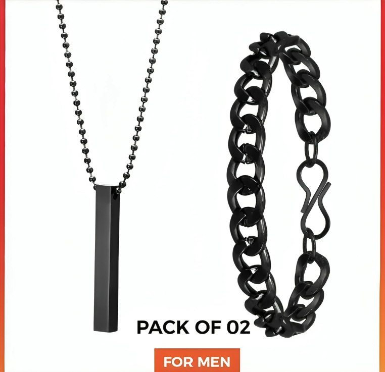 PACK OF 3 AMAZING NECKLACE DEAL FOR MEN | FASHION HIGH QUALITY BLACK BAR STICK NECKLACE + BLACK STAINLESS STEEL CHAIN BRACELET + BLACK TITANIUM STAINLESS STEEL HEARTBEAT RING FOR BOY AND MEN