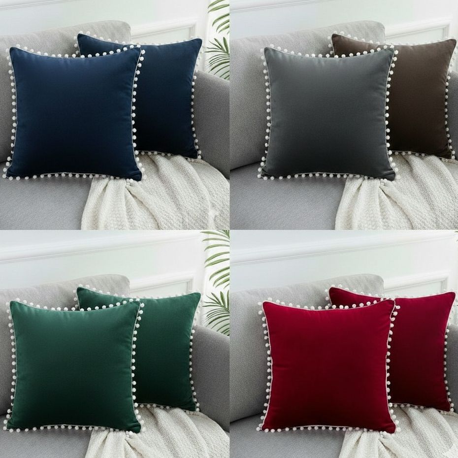Cushion Cover Pom Pom  Velvet Cushion Cover Premium Luxury Velvet Cushion Cover Sofa Cushion Cover 16x16 inches Decorative Cushion Cover for Bed and Sofa