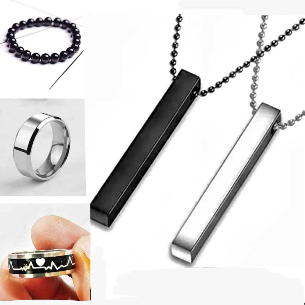 Pack Of 5 Silver & Black 3D Bars + rings + Beads Bracelets For Boys & Girls
