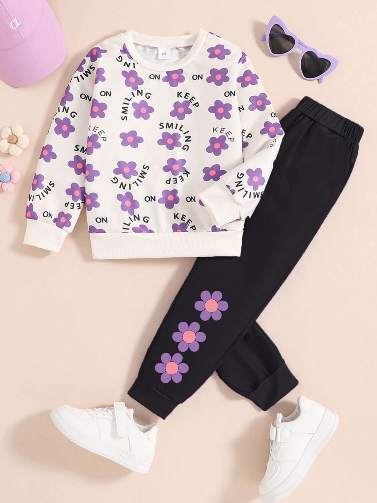 White Floral Printed  Fleece Winter Kids Tracksuit For Girls