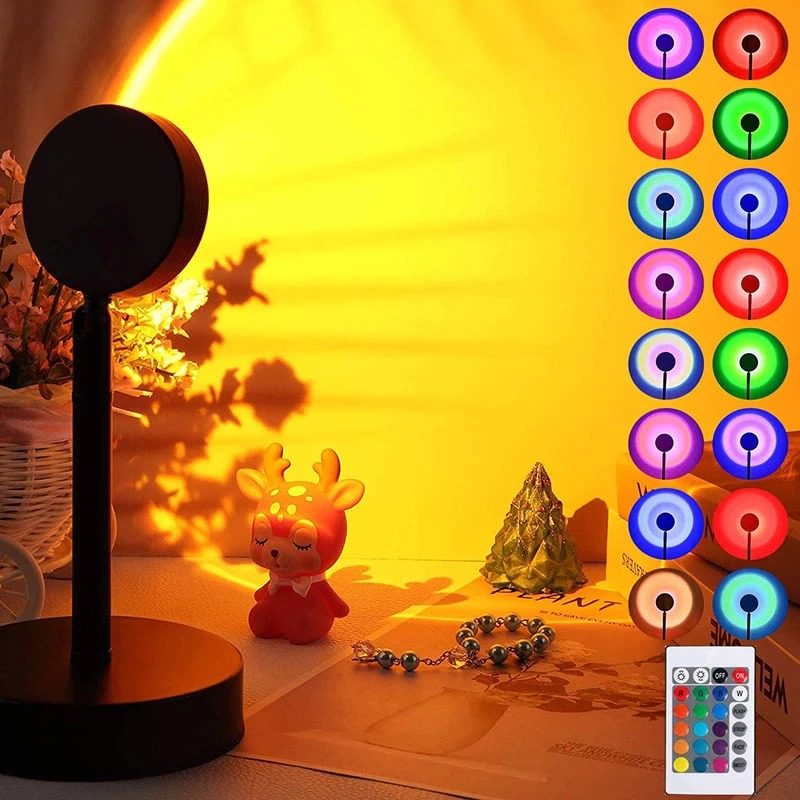 Remote Control RGB Sunset Lamp Projector 16 Colors LED Night Light - Mobile Photography Backgrounds Sunlight Lamp Accessories Kit - Rainbow Lighting Modes USB Powered -  Table Lamp For Bed Room Side Table Night Lamp For Photoshoot , Mobile Photography