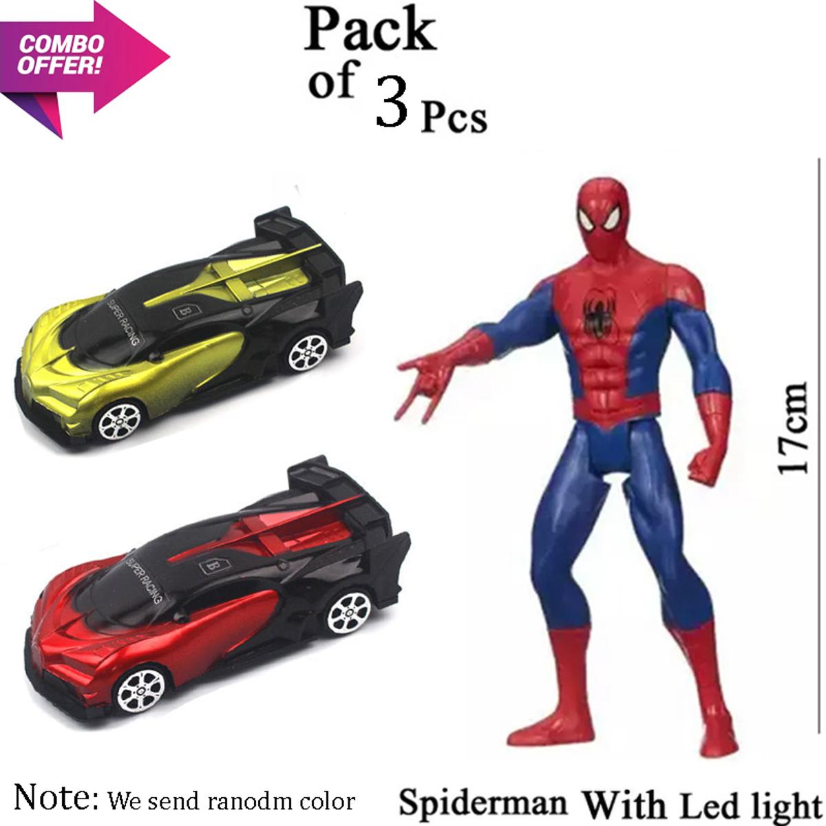 Pack Of 3 Pcs-Avengers Super Hero Move able Action Figures Spider Man With Led Light - Unbreakable Pull Back Racer Car Toy