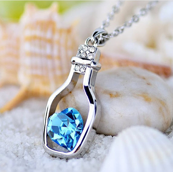 Crystal Heart Bottle Pendant Necklace for Girls Floating Charm in Glass Bottle