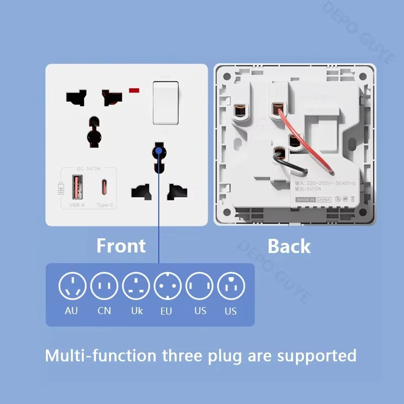Universal 6-pin Wall Socket panel,UK Electrical Outlet with DC 5V 3A Type-c USB Charger,Mobile phone charging Type C Wall Socket