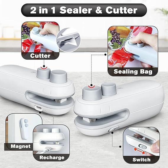 New Arrival Portable 2 in 1 Sealer and Cutter Rechargeable Sealing Machine, Handheld Packet Sealer for Food, Snacks, Chips, Fresh Storage, Plastic Bags Sealing Machine