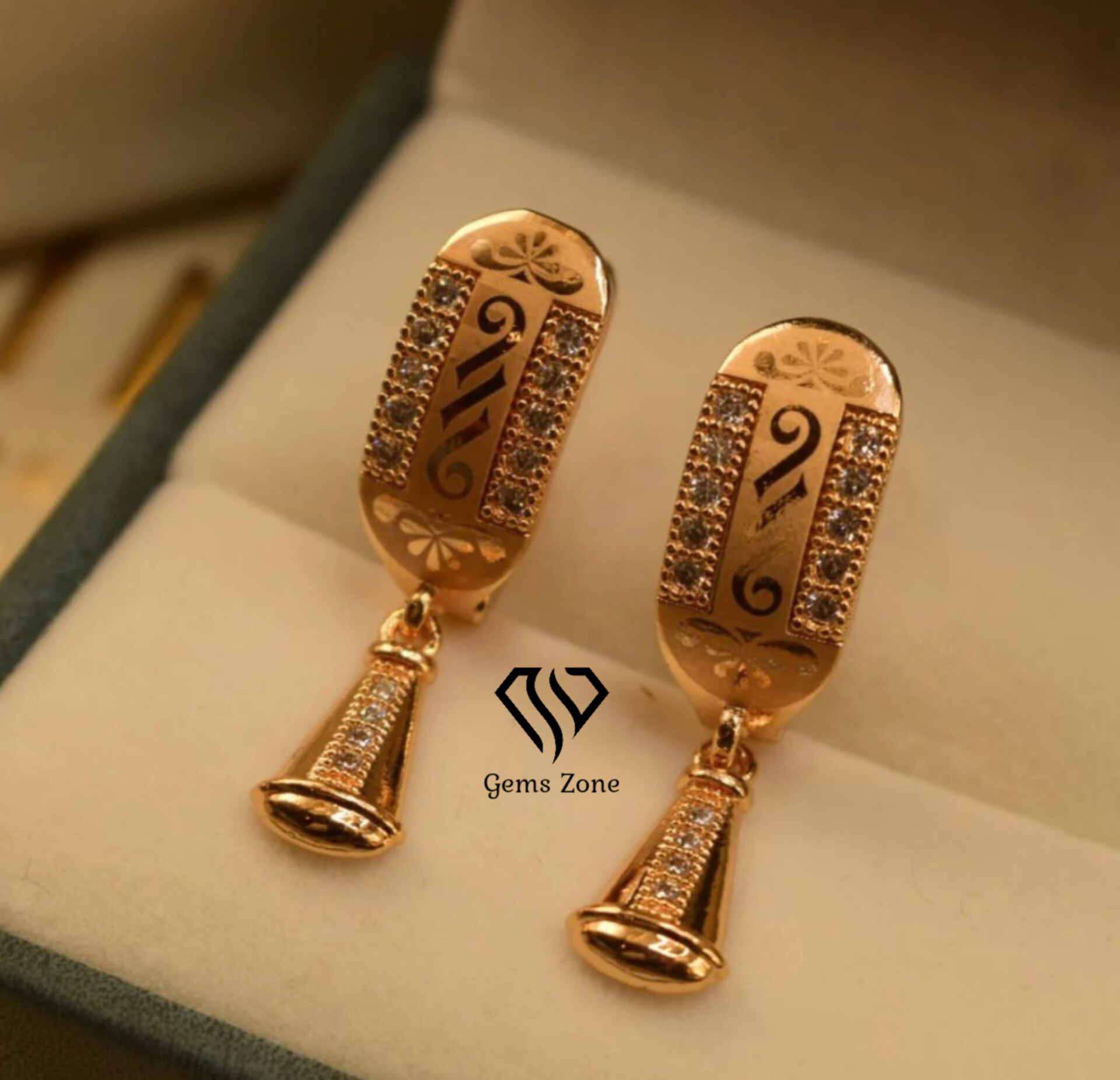 Golden Earrings With White Stone For Girls And Women. Gemszone Jewellery . Jhumka For Girls . Weeding Jewllery