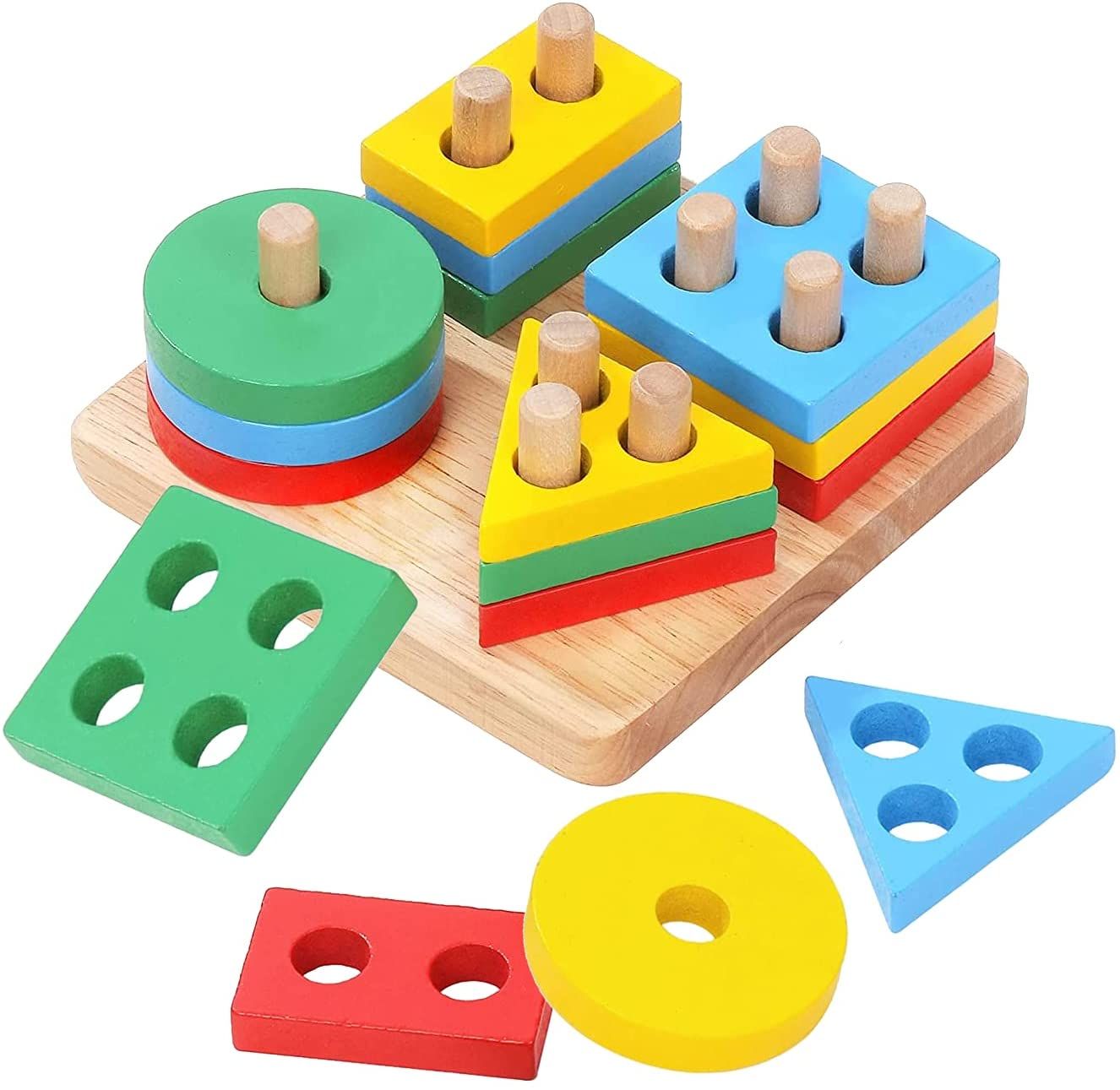 Intellectual Geometric Shape Matching Four Column Blocks Educational & Learning Toys, Wooden Geometric Shape Sorter Puzzle