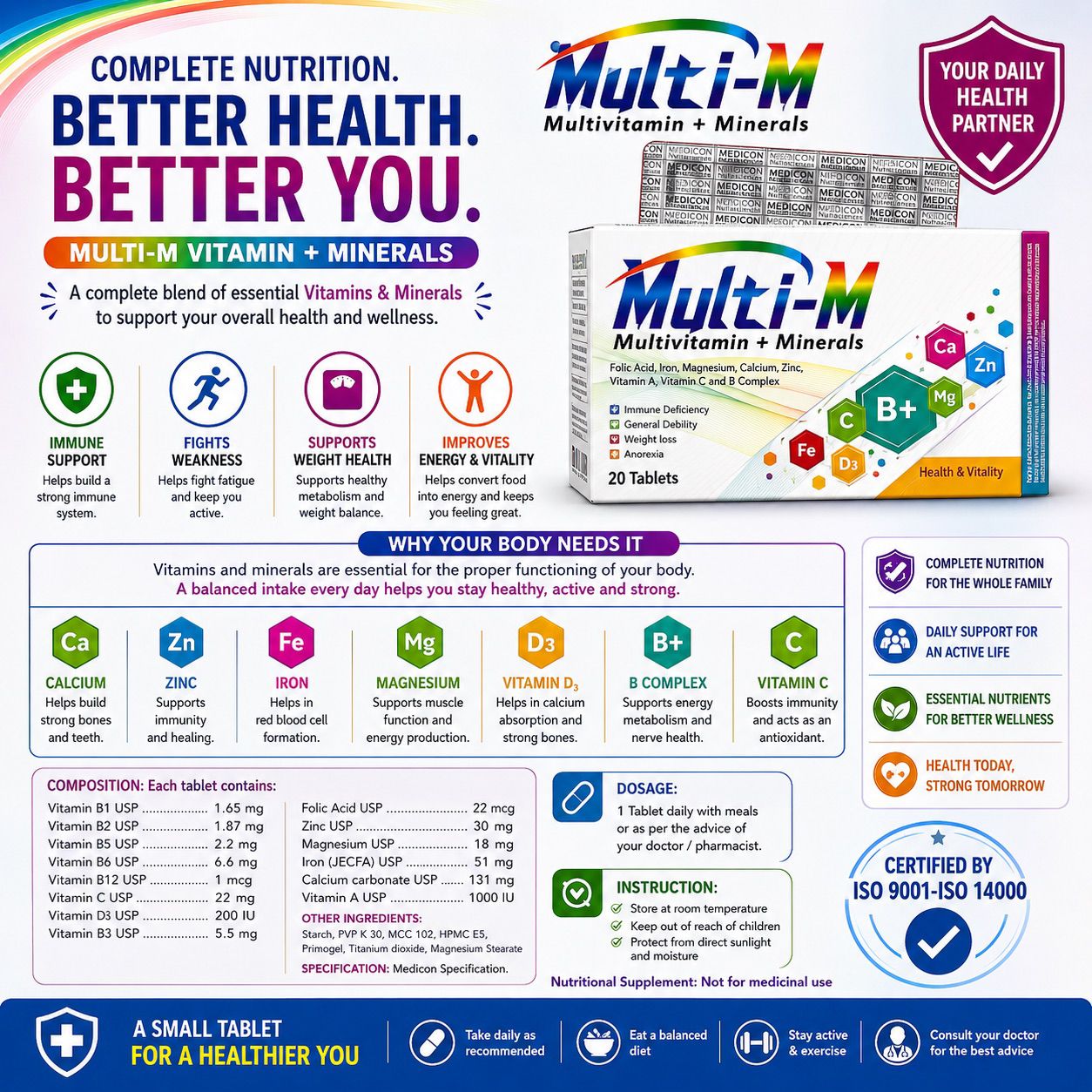 MULTI-M (MultiVitamins & Minerals) Immune Deficiency 20Tablets
