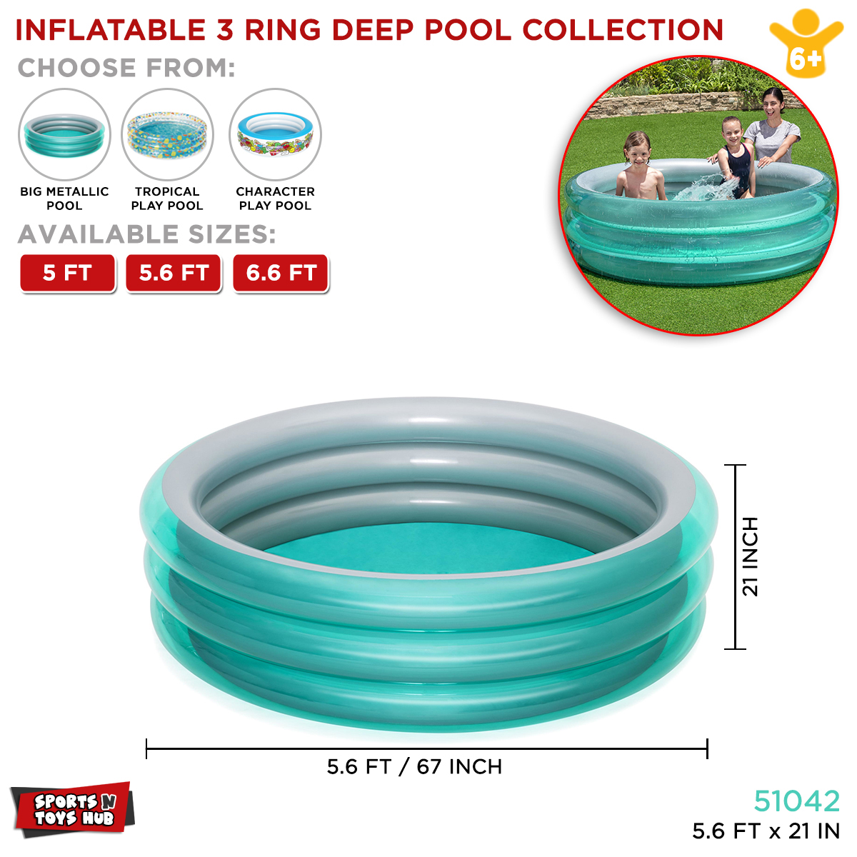 Bestway Deep Ring Inflatable Large Size Swimming Pools, 20 Inch