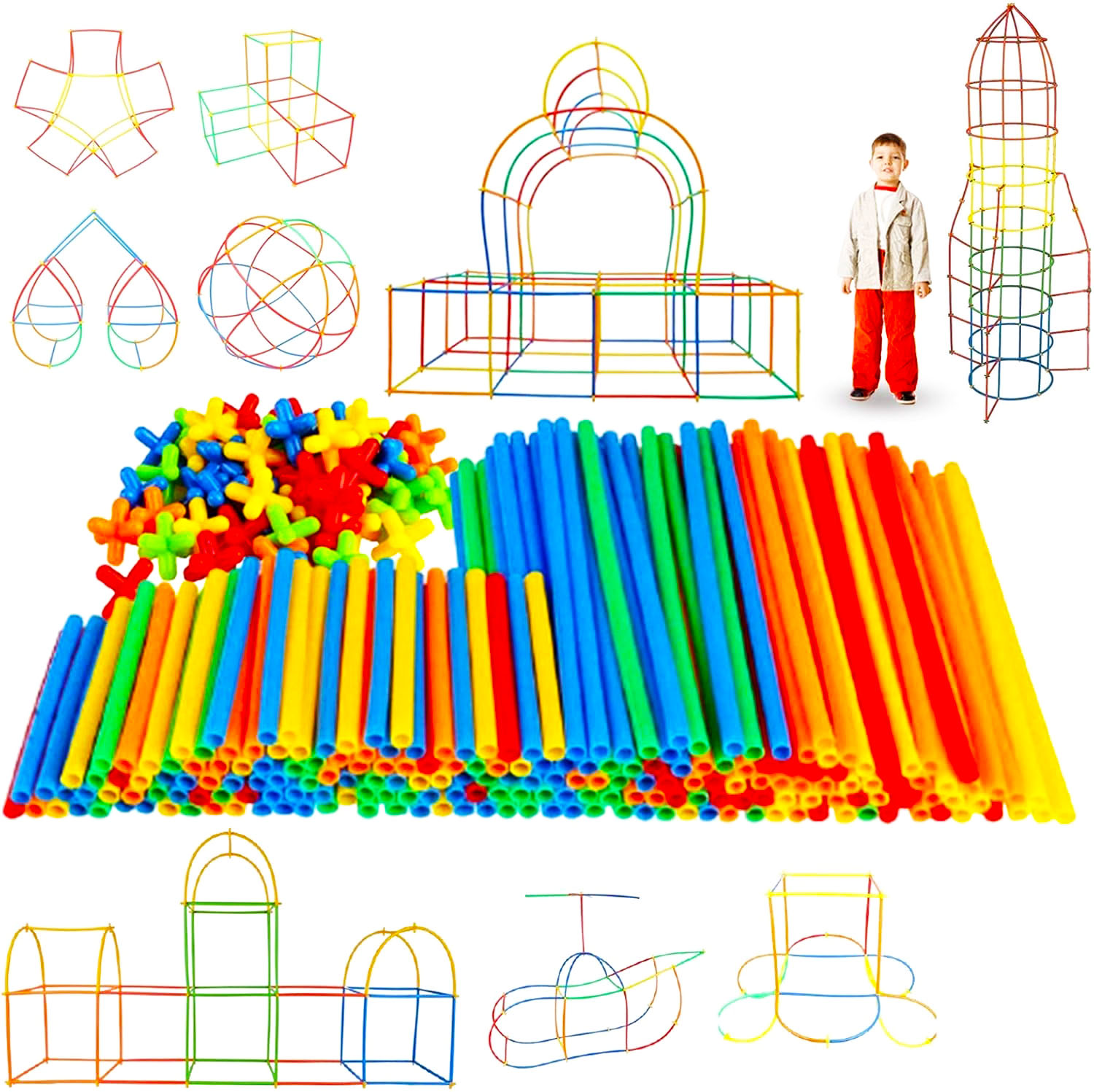 Kids Building Blocks Toys - STEM Learning DIY Plastic Straw Pipes Puzzle Construction Set, Educational Montessori Toy for Indoor and Outdoor Play, Develops Problem Solving Skills and Hand-Eye Coordination