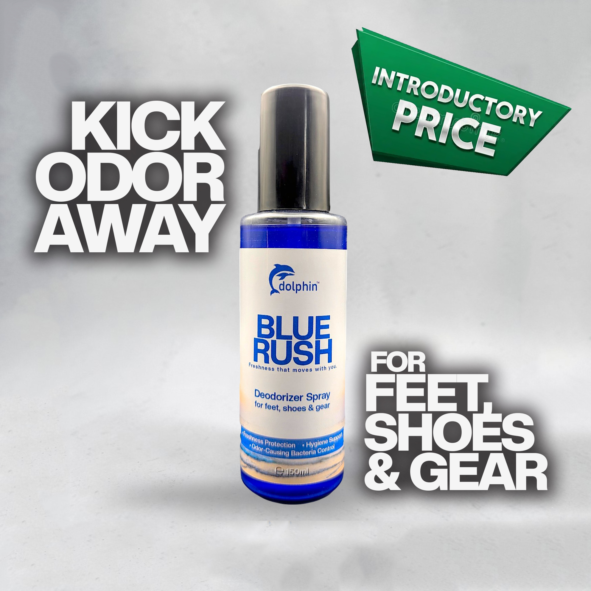 Dolphin BLUE RUSH Deodorizer Spray for Feet, Shoes & Sports Gear 125ml - For Removing Smell and Bad Odor - Freshness Protection with Hygiene Support & Odor-Causing Bacteria Control