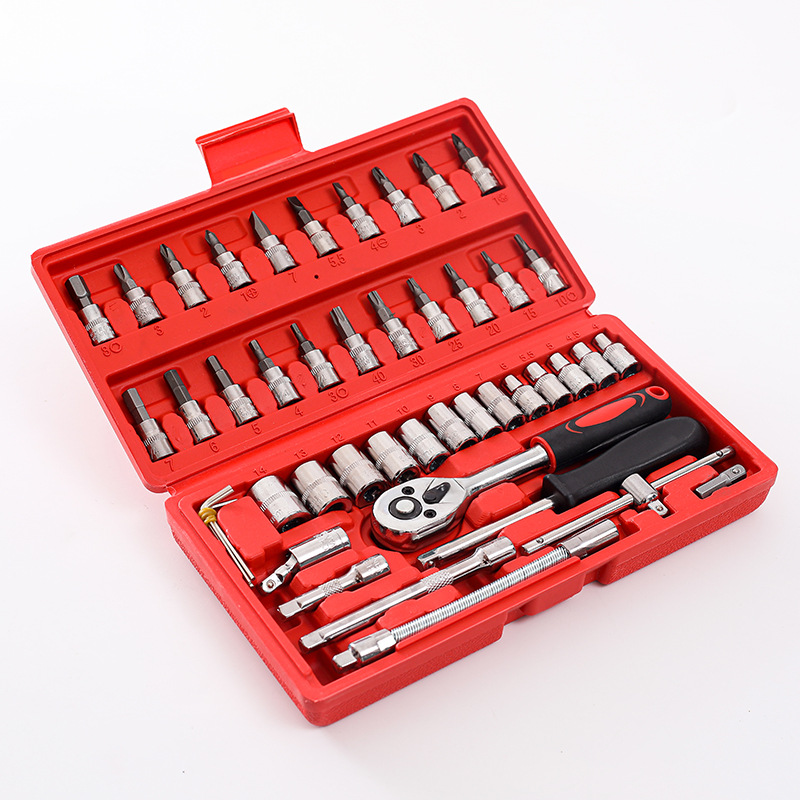 Imported 46 in 1 Pcs Combination Wrench Set/Socket for Car & Bike Repairing Hand Tool Long Handle Kit 46pcs Combo Tools Repair 1/4" Ratchet Torque Box for Spanner Force Kit, Tools Set