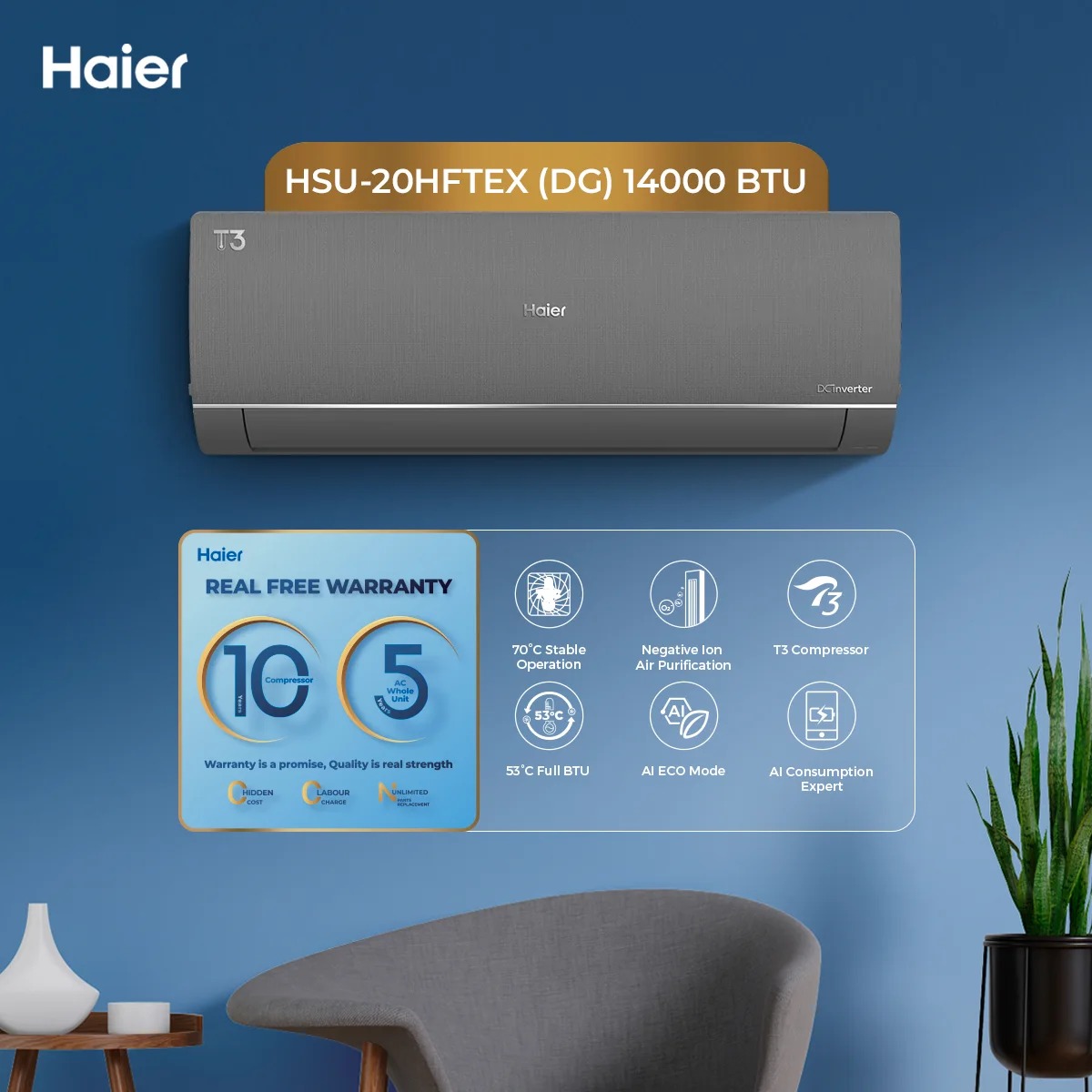 Haier (T3 Plus Series) 1.5 Ton DC Inverter - HSU-20HFTEX(DG) - T3 Compressor - Ampere Control - Bigger Outdoor - Turbo Cooling -Dark Grey Colour AC /10 Years Warranty / Air Conditioner / Haier Free Installation