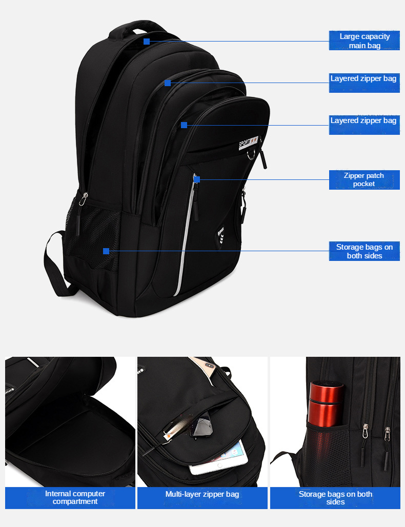 Waterproof Laptop Bag for Men Oxford Fabric Travel Backpack - Large Capacity Multi-Zipper Style with Modern Design