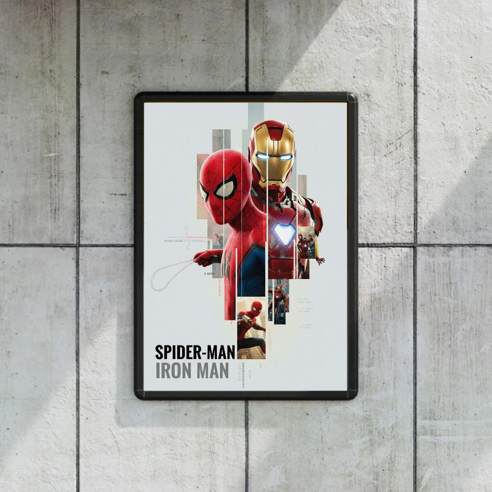 Premium Crystal Wooden Frame Iron Man & Spider-Man White Poster Art | Marvel Superhero Duo Minimalist Aesthetic Wall Decor | Avengers Artwork | Kids Room & Gaming Room Decoration Gift