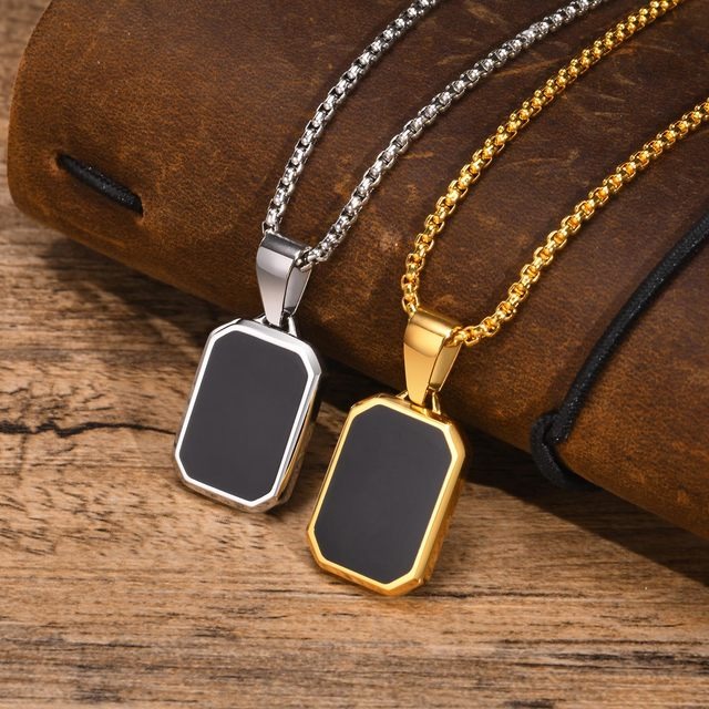 Men's Bold Black Pendant Necklace – Luxury Stainless Steel Chain in Gold & Silver, Trendy Rectangle Design