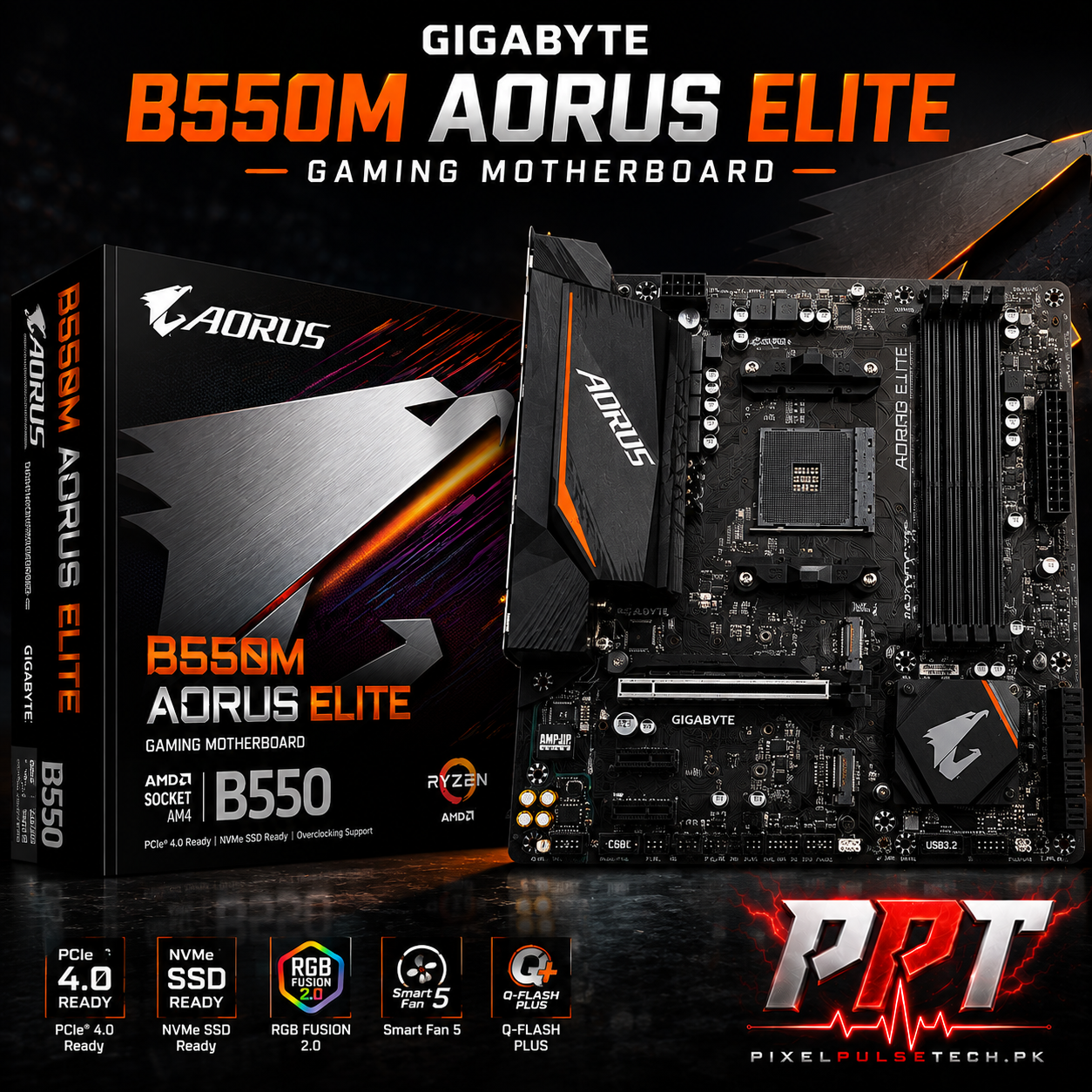 Gigabyte B550 AORUS ELITE AMD –AM4 ATX Gaming– Motherboard – Ryzen 5000/3000, DDR4, PCIe 4.0, Dual M.2, 2.5GbE LAN–PixelsPulseTech.pk