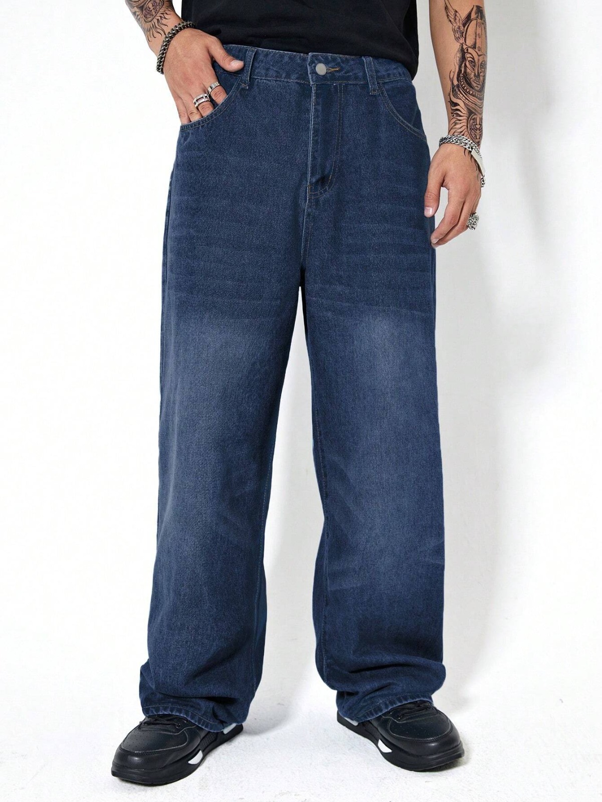 Mid Blue Highwaist Wide Leg Jeans for men - Wide Leg Jeans - Mid Blue Wide Leg Jeans For Male Highwaist Style Wide Leg Baggy Relaxed Straight Loose Bottom denim jeans pants Full Wide Leg  Stylish High Quality Pants (select only waist size)