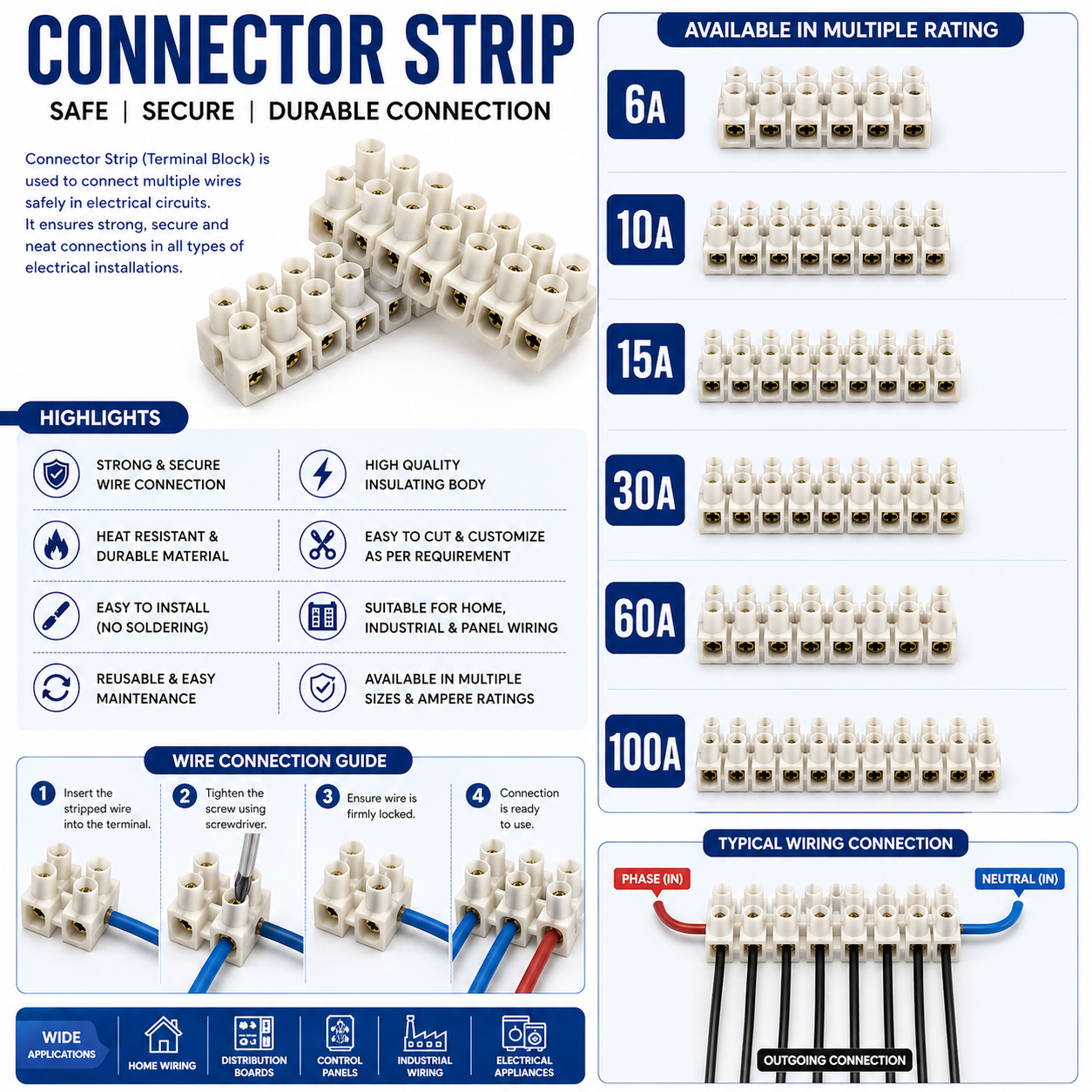 Wire Connector Cable Connector Transparent 6A,10A,15A,30A,60A AND 100A Cable Connector Strip Brass Terminal Heavy Duty Plastic Body
