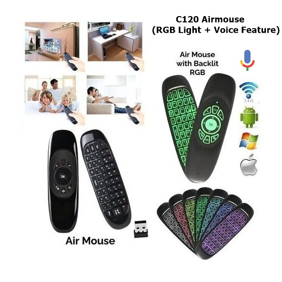 C120 Airmouse Remote with Voice & RGB Lights - Rechargeable Airmouse - C120 Airmouse for LCD - C120 AirMouse for Android Box - Remote Control for Android LED, Smart Tv,  Smart Boxes, PC, Laptops - C120 Remote Control - Airmouse with Keyboard - C120 Remote