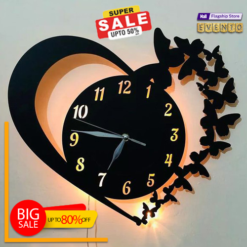 EVENTO Wooden 3D Heart Clock With light Wall Hanging Big Size Clock Quartz Watch DIY Design Decoration For Bedroom, Home Decor Living and Drawing Room And Offices And For Gifts Piece Item