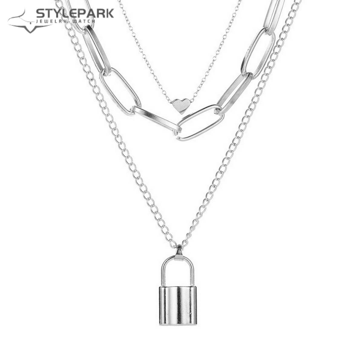Stainless Steel Letter Love Lock Pendant Thick Chain Necklace Female Fashion Retro Exaggerated Punk Style Party,Temu