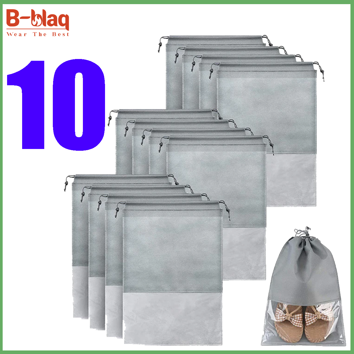 Pack 10 Shoe Bag Storage - Transparent Non-Woven Shoe Bag Pouch for Travel, Home Organization, Durable Shoe Organizer, Dustproof and Breathable Storage Solution
