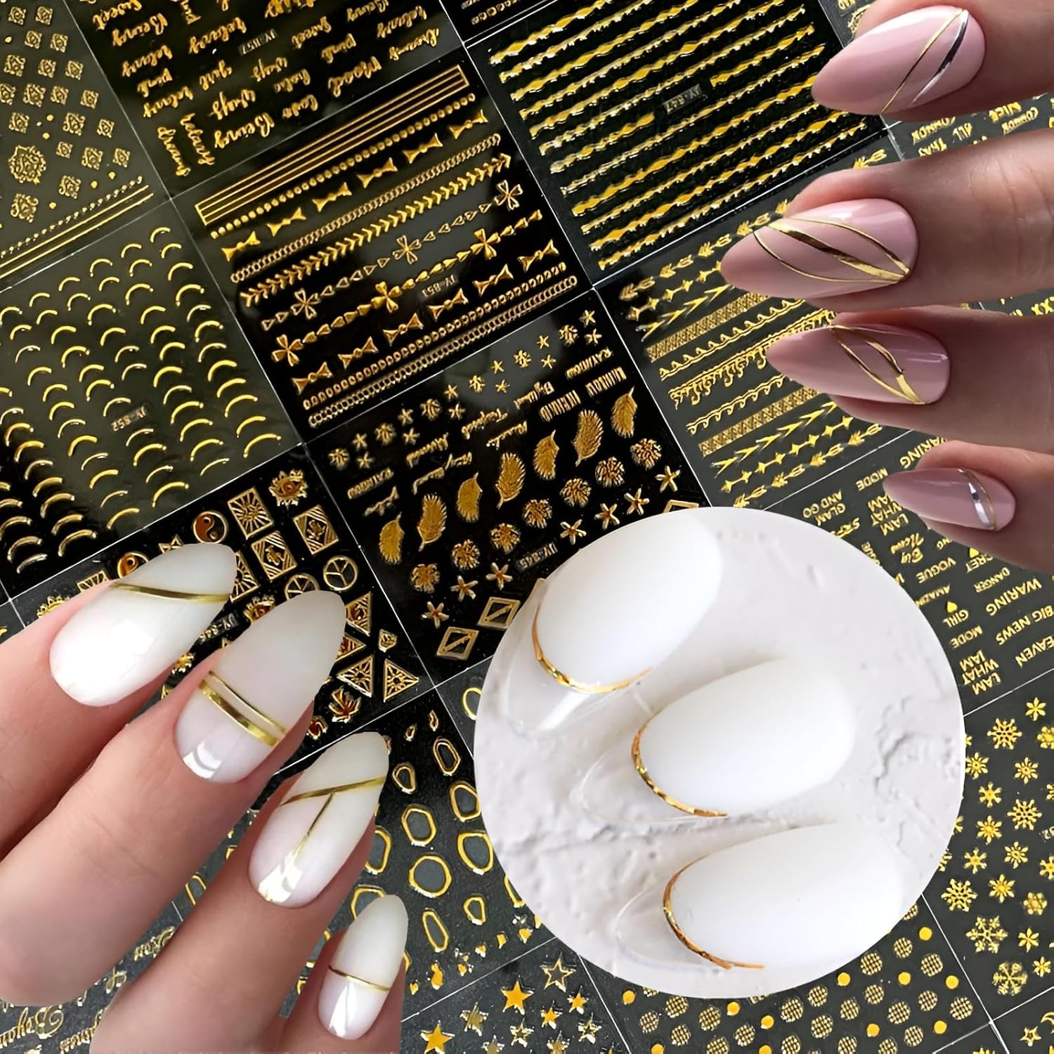 30 Sheets Pack Golden Nail Art Stickers Set | 3D Self-Adhesive Metallic Water Proof Decals Accessories for DIY Nail Art Acrylic, Gel & Natural Nails