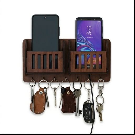 Wooden double pocket shape wall keychain holder with mobile phone charging stand wall mounted home style key holder with mobie holder