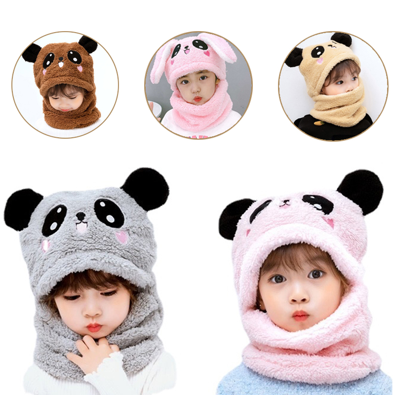 Boys And Girls Adorable Winter Baby Cap Velvet Cartoon Panda &Amp; Rabbit Hat With Warm Neck Collar