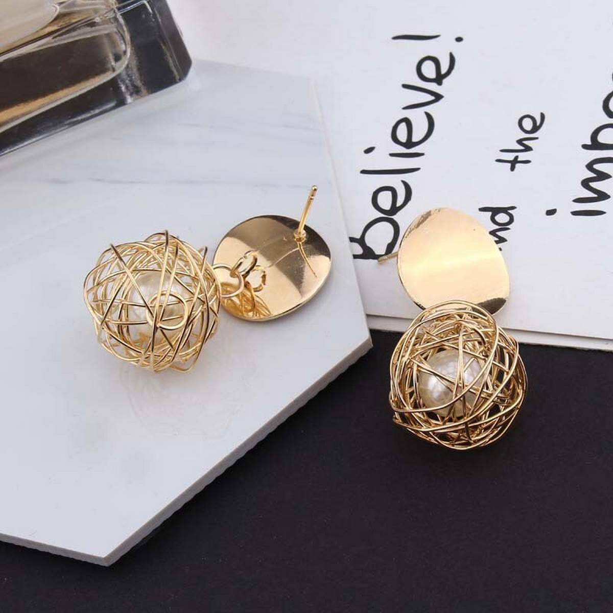 IK Fashion - Trendy, Romantic Fashion Geometric Earrings Woven Ball Imitation Pearl Smooth Round Earrings