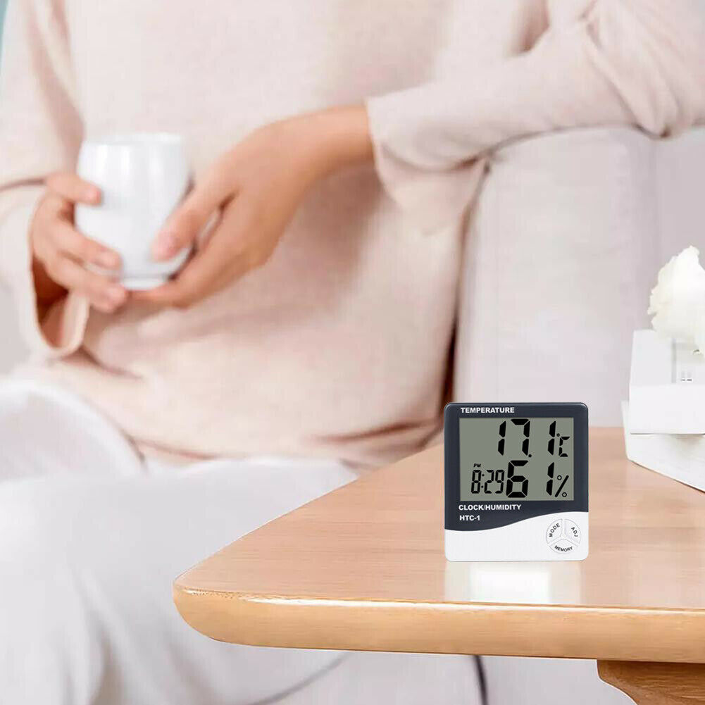Indoor Room LCD Electronic Temperature Humidity Meter Digital Thermometer Hygrometer Weather Station Alarm Clock HTC-1 White