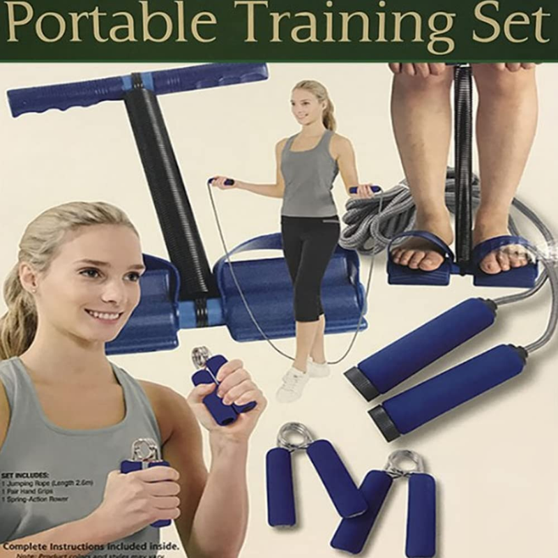 Tango Sports and Fitness 3-in-1 Home Gym Set – Tummy Trimmer, Jump Rope & Hand Grips | Spring Rower Set for Full Body Workout, Arm Strength, Core & Cardio Training | Fitness Kit for Home Use – Blue