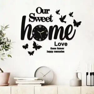 3D Butterflies Sweet Home Wooden Wall Clock DIY Design for Home and Office Decor