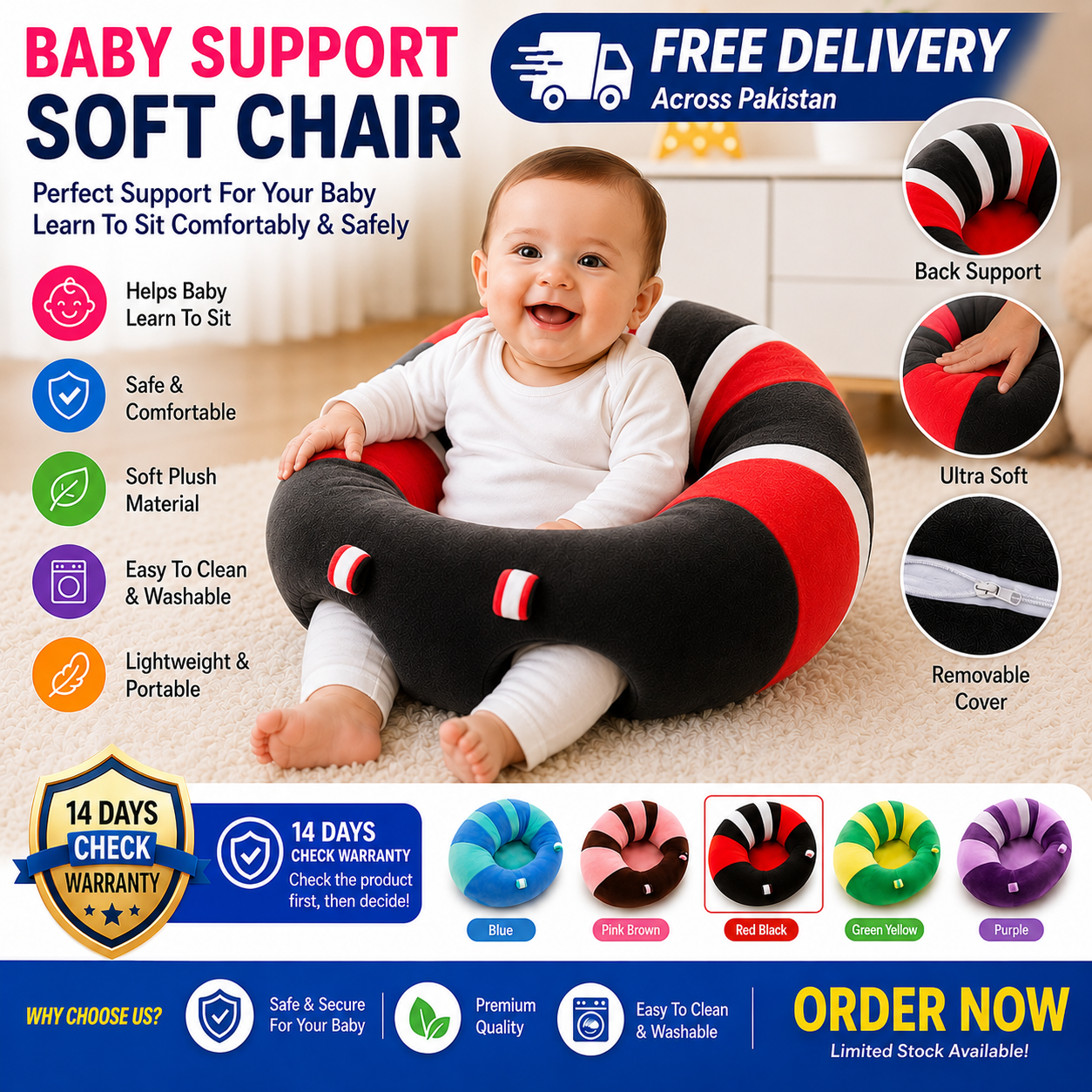 Baby Support Sofa Seat for Infants  Soft Plush Learning to Sit Chair  Comfortable Baby Sitting Support Seat  Washable Toddler Floor Sofa Chair