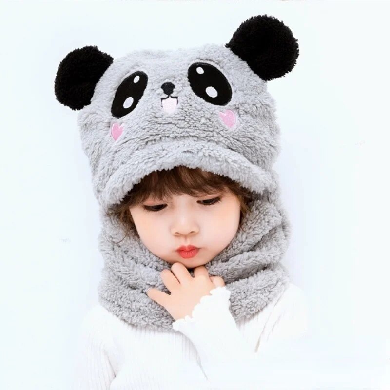 Boys And Girls Adorable Winter Baby Cap Velvet Cartoon Panda &Amp; Rabbit Hat With Warm Neck Collar