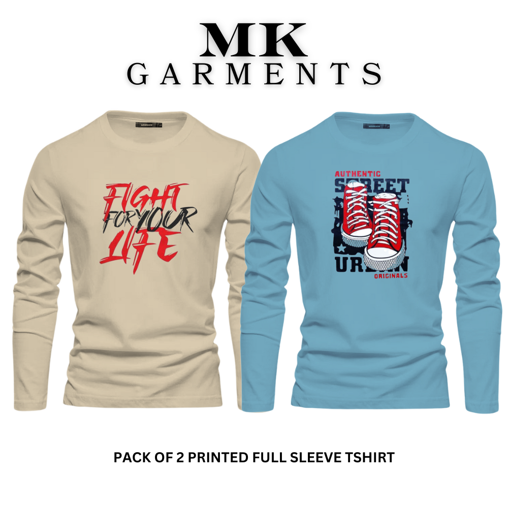 MK Garments -  Men's Pack of 2 Round Neck Printed T-Shirts  Full Sleeves  Casual Wear For Men's