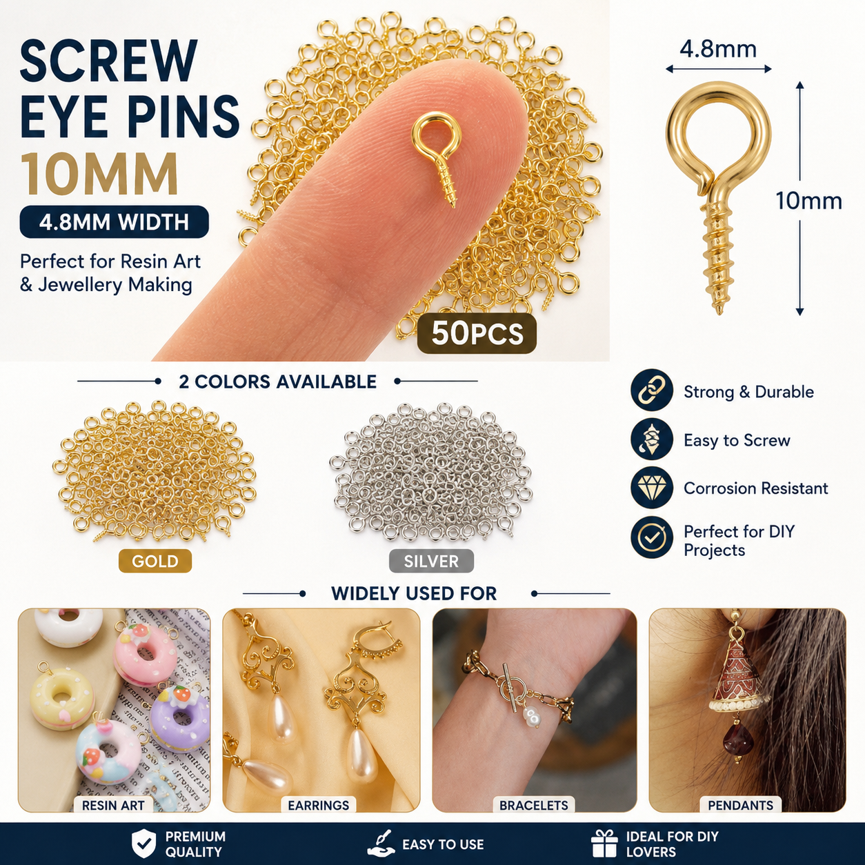 50PCS Mini Screw Eye Pins 10mm x 4.8mm Gold/Silver | Eye Screw Hooks for Resin Art, Jewelry Making, Keychain, Pendant, Charms, Earrings DIY Craft Accessories