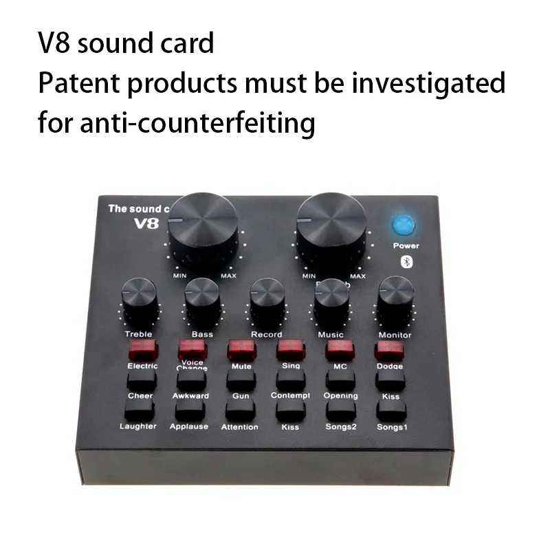 Mini V8 Sound Card Bluetooth Audio Mixer & Voice Changer - 12 Sound Effects Lithium Rechargeable Battery - For Live Streaming & Broadcasting & Podcast - Compatible With PC Computer - Black