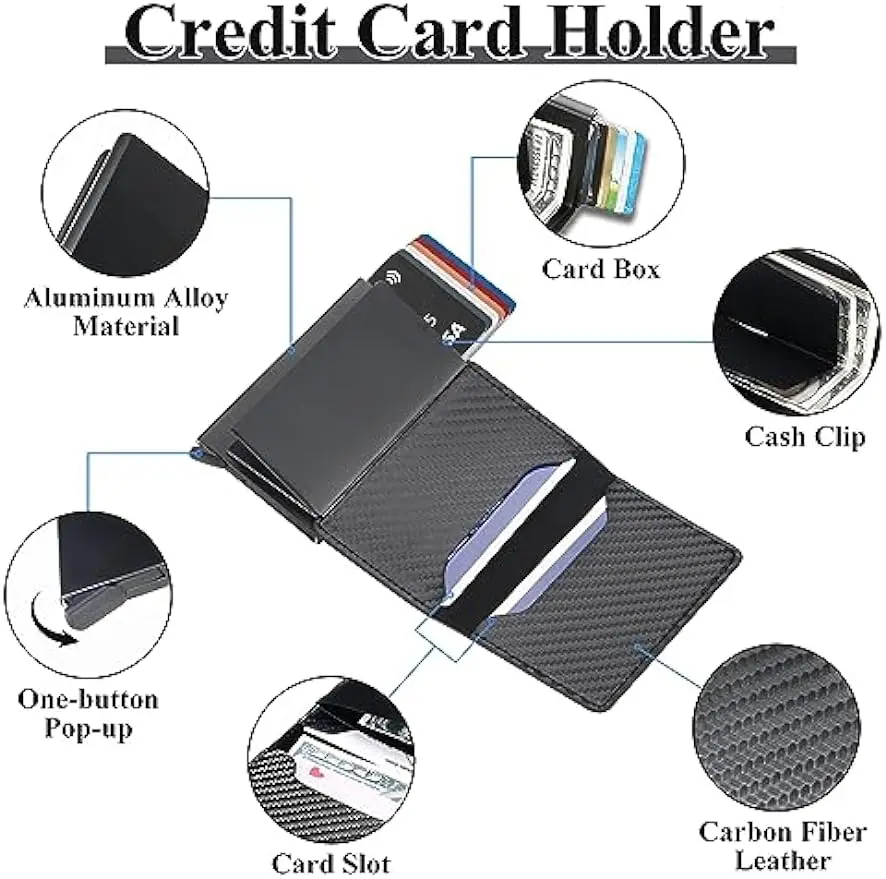 RFID Carbon Fiber Card Holder for Men | Slim Minimalist Wallet | RFID Blocking Metal Card Holder - Pop-Up Design | Coin Pocket